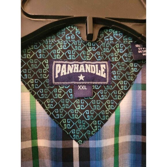 Panhandle Mens 2XL Western Shirt Blue Plaid Pearl Snap Long Sleeve Cotton XXL - Picture 2 of 8